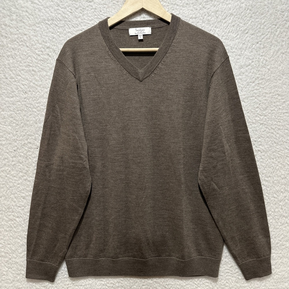 Turnbury Men's Size L Extra Fine Merino Wool V-Neck Taupe Brown Sweater Pullover